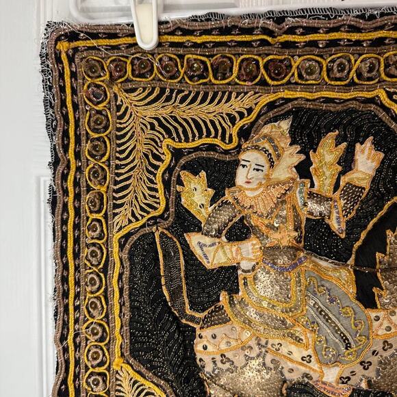 Antique Burmese Kalaga Embroidered Hand Sewn Horse Tapestry Flawed - Picture 6 of 14